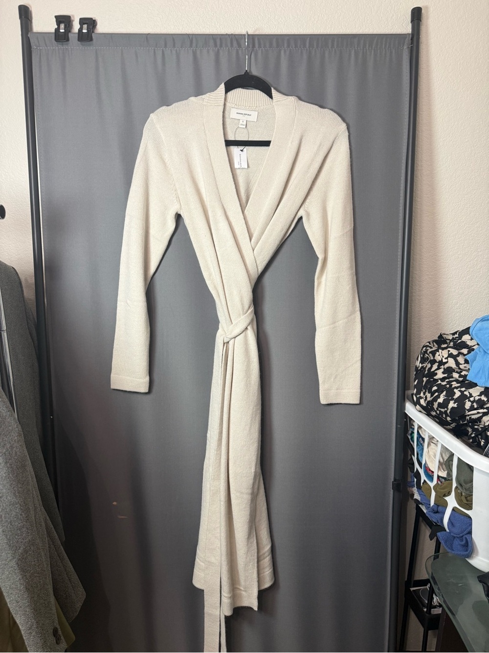 Banana Republic Cream Knit Long Robe with Waist Tie